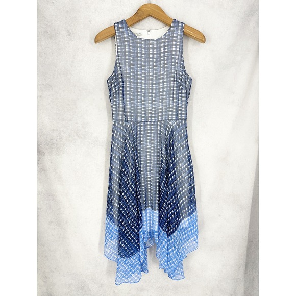 Maggy London Dresses & Skirts - Maggy London Blue White Ombre Check Sleeveless Handkerchief Hem Dress Size 6